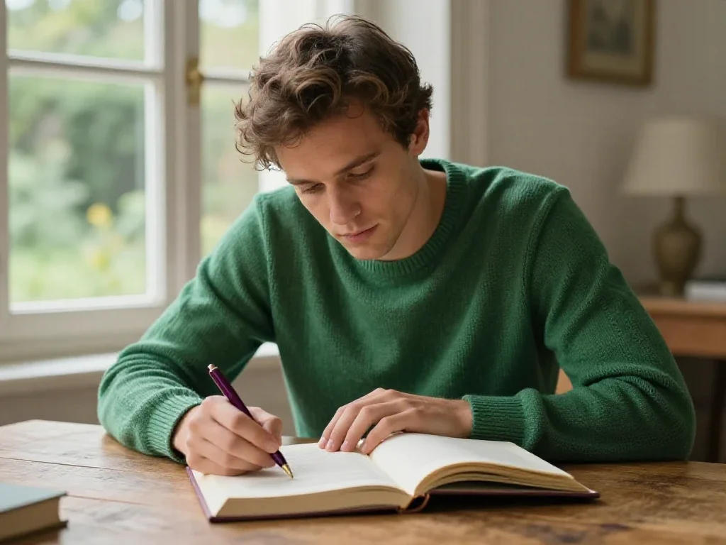 Lecteur attentif prenant des notes près d'une fenêtre pour illustrer la réflexion personnelle.